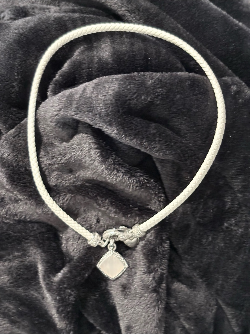 Judith Ripka Woven White Leather Cord Choker with Mother-of-pearl Pendant